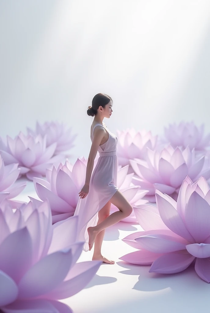  pale pink and light white tones ,Full body,   white background ,  Natural Light,  lighting effect , Minimal, Elegant,  pure tenderness ,  soft lighting ,  mattress reality .  woman posing On pray and stand, a large lotus with large and long petals. The pe...