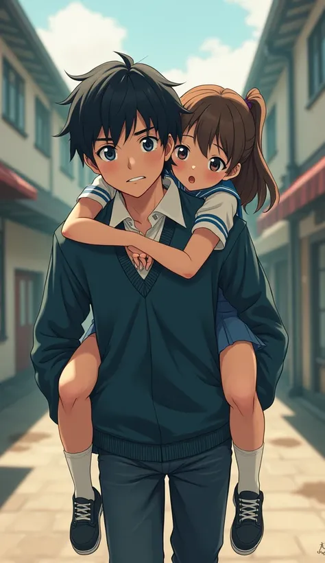 (Realistic: 1.37) (Best: 1.2), (Daily Life: 1.3), (Very Detailed: 1.4), (Front View: 2.5), (Realistic, Photorealistic, Photorealistic: 1.37), Thick Lines, Bright Colors, (Black Haired Boy Carrying Brown Haired Girl on His Back: 1.5), (Brown Haired Girl Cli...