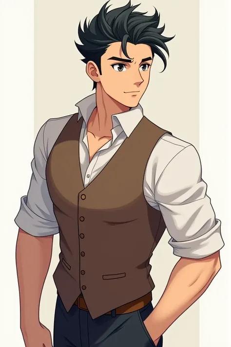 create anime photo 2 black hair brown vest tall body first