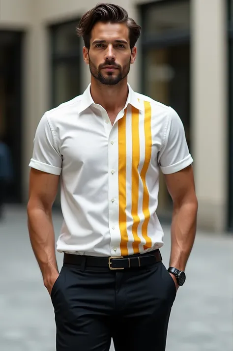 White and yellow stripe shirt with black trousers men 