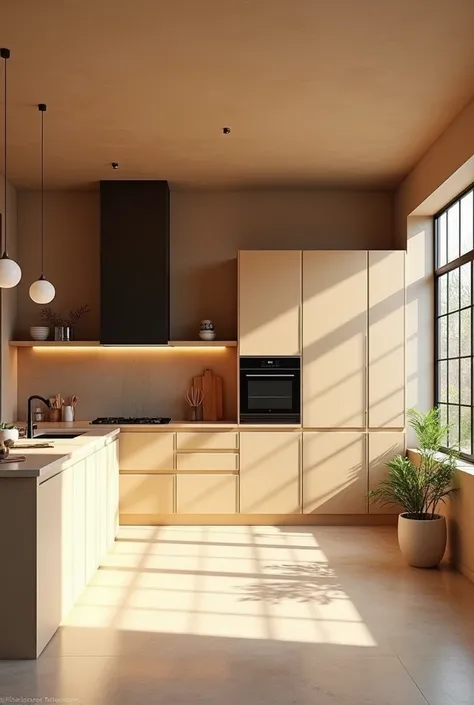 Beige home kitchen interior with bar counter, cooking cabinet near window