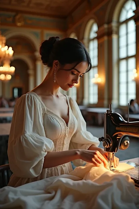 Sewing a dress in the hall room.
Make it video