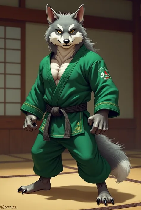 A anthropomorphic Italian wolf . Wearing a green Jiu Jitsu outfit. 