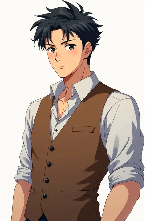 create anime photo 2 black hair brown vest tall body first