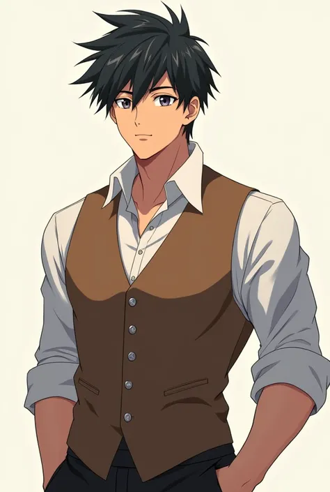 create anime photo 2 black hair brown vest tall body first