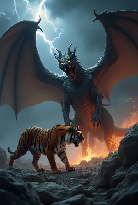 A dramatic confrontation between a dragon and a tiger, both locked in an intense standoff. The dragon stands tall with its wings spread wide, emitting a low growl, while the tiger crouches, ready to pounce, its sharp claws digging into the ground. Both dis...