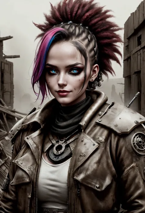 Ultra-sexy dystopian femme fatale, 1 woman, detailed facial features, piercing eyes, insane smile, 
big weapons, madness, excessive striking makeup, wild hairstyle, colorful hair, post-apocalyptic outfit, leather jacket, metal accessories, rugged environme...