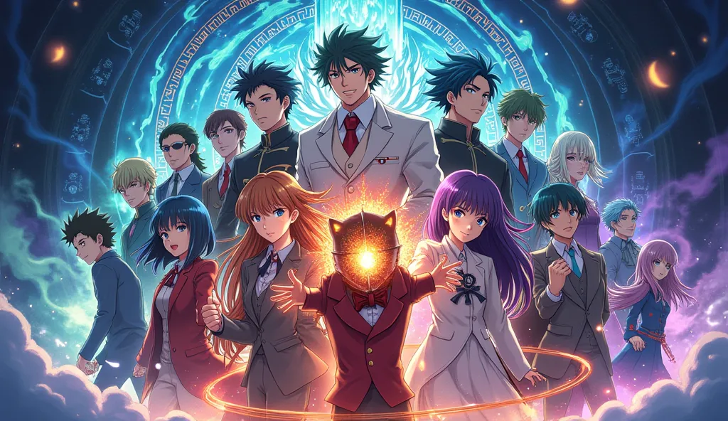 creat a cover art with popular anime characters, highlight the title anime alchemists.