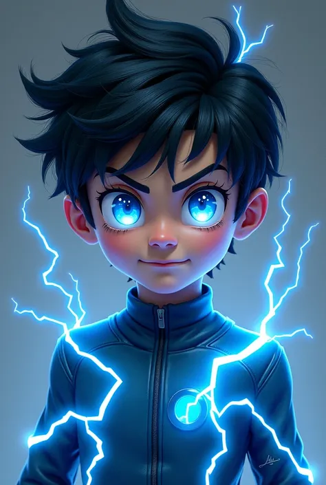 Hair: Black and ruffled,  with small sparks of electricity running through the wires ,  especially when he is using his powers .

eyes: eyes intensamente azuis que brilham quando ele ativa suas habilidades elétricas.

expression: Young,  with a determined ...