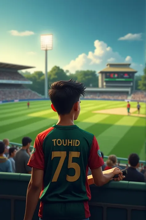 A 20 year old boy is watching Bangladesh cricket  team game on right side his jersey number is 75 and his name is Touhid he was watching the game holding bat want his full screen picture
