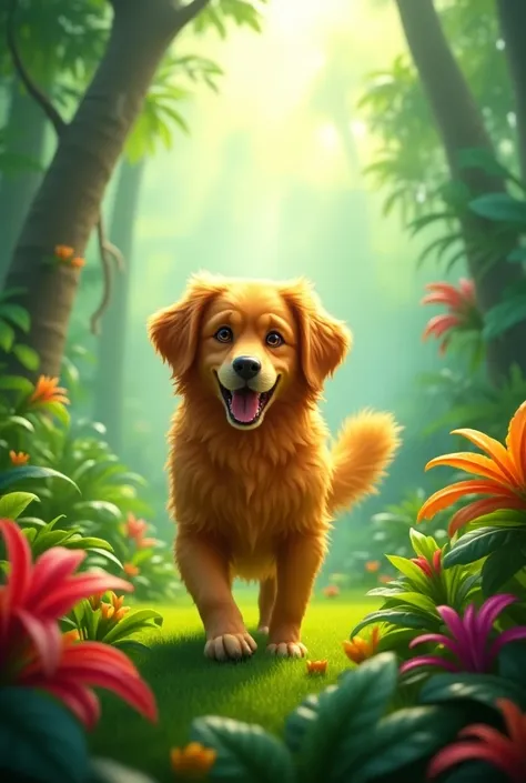  A yellow-haired Golden dog walking in the middle of the jungle . The jungle is vibrant ,  with lush vegetation ,  intensely colored flowers and tall trees that let the suns rays shine through,  illuminating the scene in a spectacular way . in 3D cartoon s...