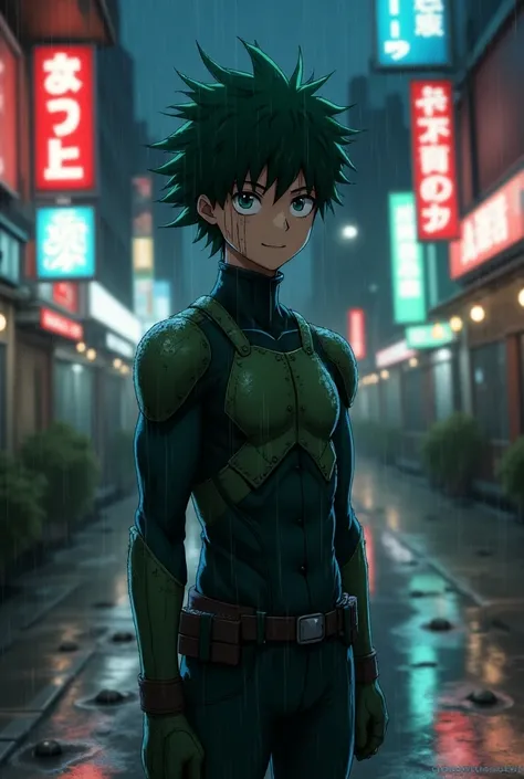 (Izuku Midoriya) stands alone in the middle of a rain-soaked street, his (face and body covered in faint scars) that tell the story of past battles. Rain drips from his (messy green hair) and down his hero suit, which is scuffed and torn, revealing his rel...