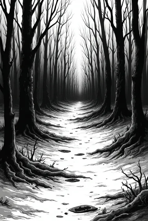 A desolate forest as it is focused on the ground with a trace of blood and that the image is made as if it were a black and white manga