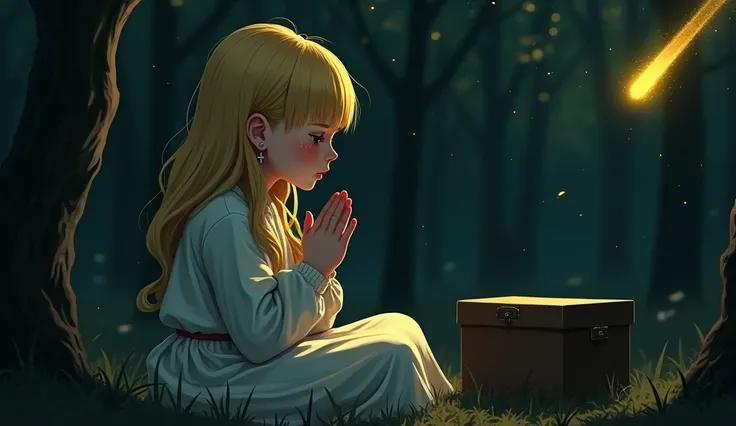 A beautiful blonde girl 13yo, wearing cross earrings,feeling sad while praying and elegantly wrapping around her hands in a prayer position, hands raised in worship, tears glistening on her cheeks sitting in a dark forest,and a mystery box near ,a yellow c...