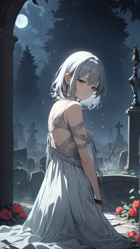 1 girl, ( cute face),  Gentle Smile ,  medium hair, Silver ribbon,  Fantasy Gravekeeper Outfit,  Clear Dress ,  medium breasts,  Graceful Posture,  Pottery Skin , break,  Graveyard Wrapped in Fog ,  Soft Moonlight , ( mystical atmosphere:1.4), break,  A Si...