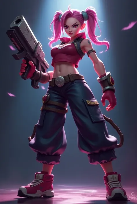 a powerful 3D anime style character of Jinx from League of Legends, holding a large gun, dramatic sharp contrast lighting, (best quality,4k,8k,highres,masterpiece:1.2),ultra-detailed,(realistic,photorealistic,photo-realistic:1.37),HDR,UHD,studio lighting,u...