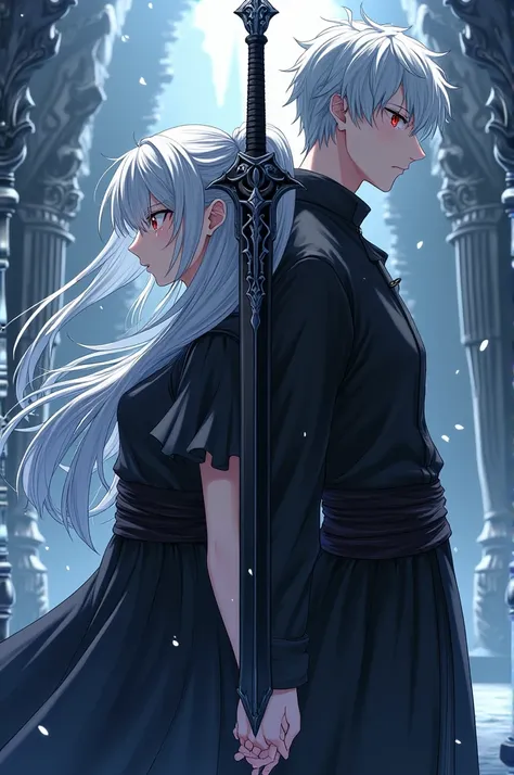  I want an image in the format of light novel covers .

 the cover has a background with a castle .  on the front I want a face apparently between 17 /18 years old,  he wears a black robe ,  his hair is silver and his eyes are red z next to him ,  a woman ...