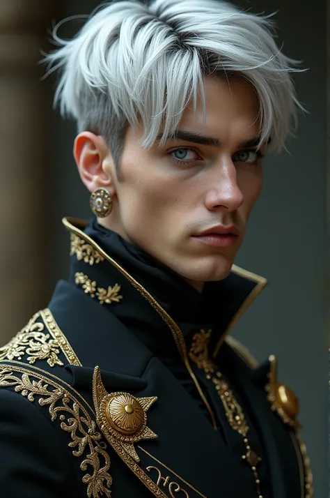 A young male boy with European features with neat and elegant silvery-white hair..  The main colors are silver and gray .  She wears a sexy European Gothic performance outfit .  European costumes that combine elegant but battle and baroque styles .  Be ele...