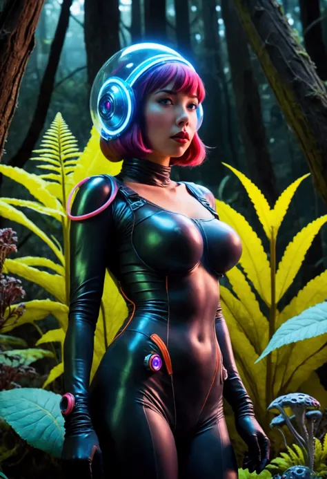 a cute woman (sexy space explorer, lit neon trim, bubble helmet, science tools) is examining plants and animals on an alien forest world, her 50s rocket ship nearby, a tentacle rape beast in shadows
