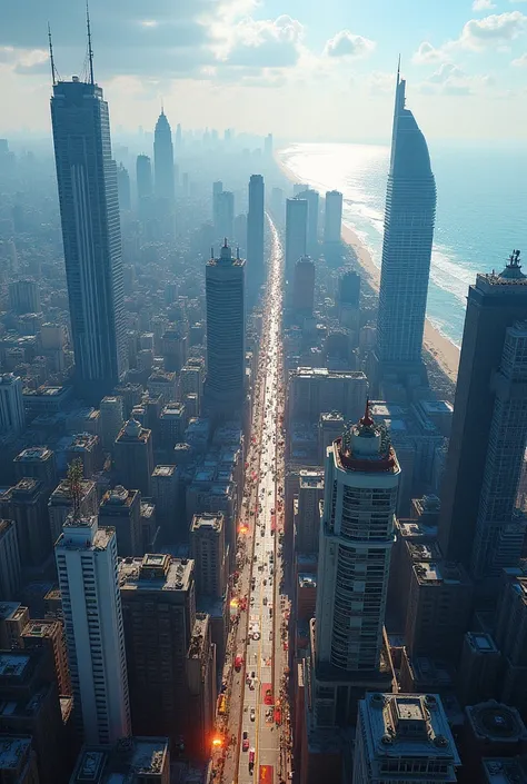 Mumbai City landscape with building and road and back ocean too..it should be in potrait aspect ratio..realistic