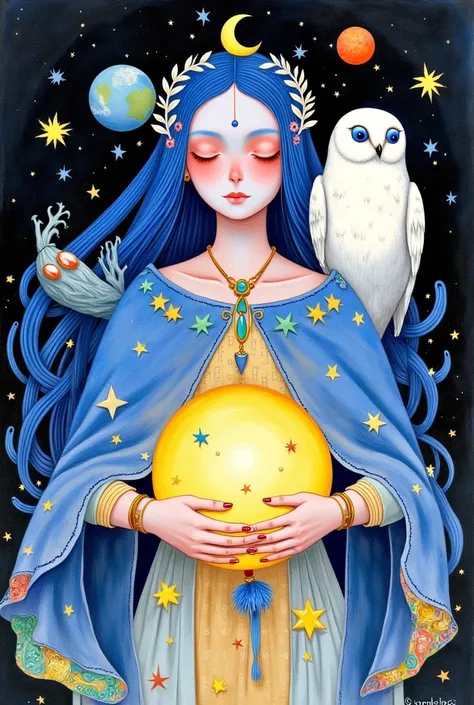 goddess,  closed eyes , звёздное sky, holds a big glowing full moon in his hands,  a wreath of stars on her head ,  a small crescent moon burns in her forehead ,  a big white owl on her shoulder ,  jewelry , stars, many plans ,  long hair, compose,  blue h...