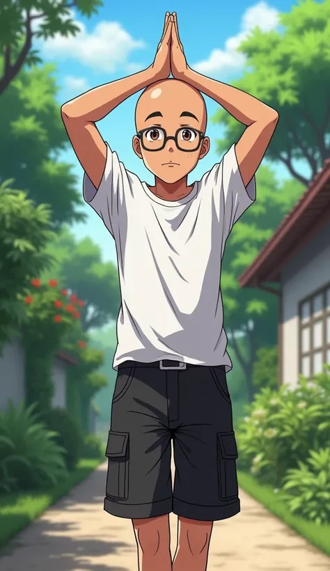 Anime, Indonesian young guy, tan skin, bald, eye glasses, wearing white t-shirt paired with black cargo short, a characters doing simple stretches such as bending their legs against the backdrop of a small garden