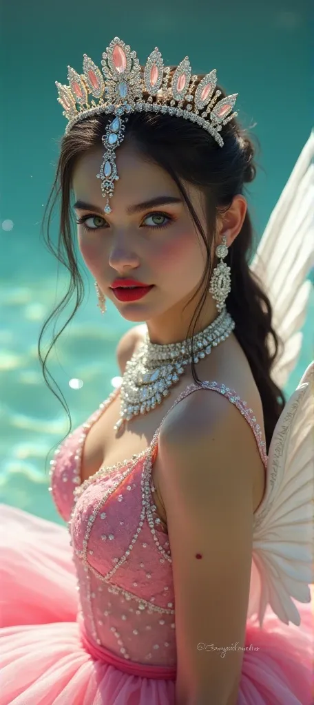  Hot and beautiful girl fish princess with wisten and heavy jewellery with  diamond crown full body jewellery face 2 white g with pink dress light red lipstick with black bindi heldi face and on the water with white wings 