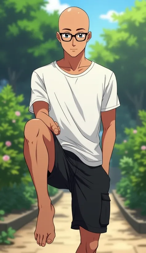 Anime, Indonesian young guy, tan skin, bald, eye glasses, wearing white t-shirt paired with black cargo short, a characters doing simple stretches such as bending their legs against the backdrop of a small garden