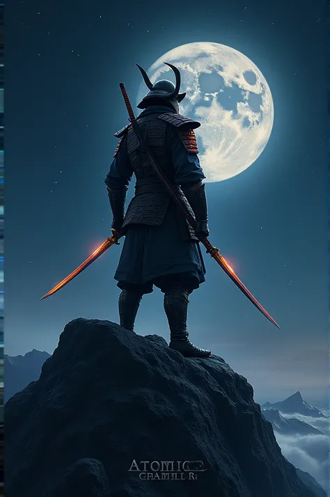 Atomic samurai , stands on a mountain at night holding two katanas, turned their backs. against the backdrop of space