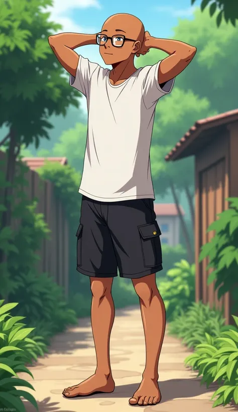 Anime, Indonesian young guy, tan skin, bald, eye glasses, wearing white t-shirt paired with black cargo short, a characters doing simple stretches such as bending their legs against the backdrop of a small garden