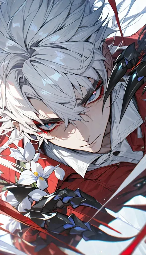 (long white hair, black claws, black hands), (((white pupils, white irises, red scleras))), 1 man, solo, loose white dress shirt, red coat, ((masterpiece, detailed face, detailed eyes, beautiful eyes, dynamic angle)), (handsome man)