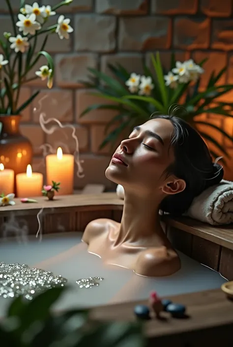 A woman is taking a bath 