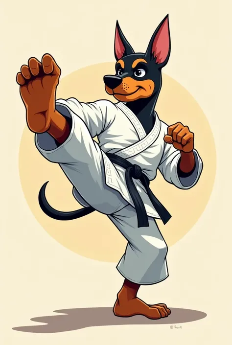 A anthropomorphic Doberman Rottweiler Mix. Wearing a Karate Outfit. Karate kick pose. Cartoon style.  