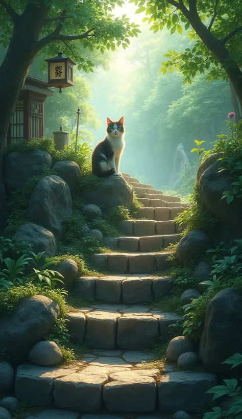 Old stone steps, A cat with a sharp expression, Leafy Background, Japanese style, Morning Light,  mystical atmosphere