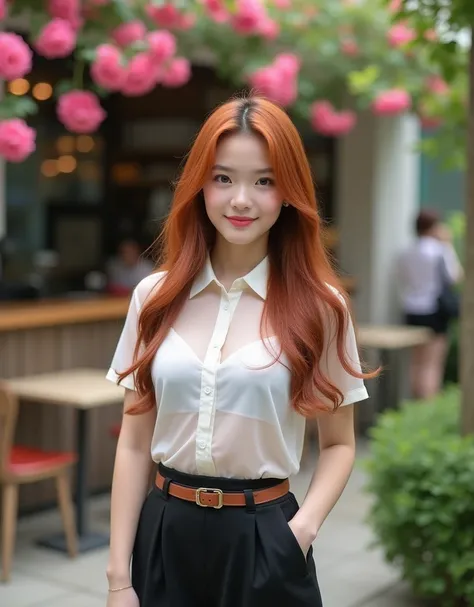 A photography full body of thai woman 18 years old standing outdoors in university  setting filled with coffy shop in the background. She is wearing Mahalai uniform, sheer white short sleeve shirt, short black pencil skirt, brown belt, She has long, straig...