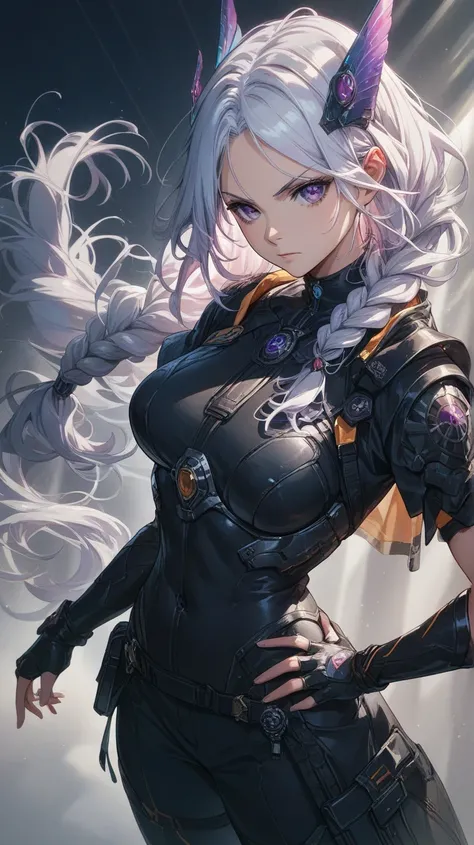 A serious anime girl with long, braided white hair and intense violet eyes, dressed in a dark silver and black suit with sharp, angular armor plating. She’s standing with one hand on her hip, her other hand resting on a futuristic weapon holstered at her s...