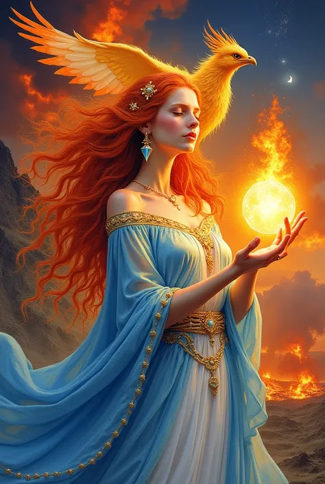 goddess,  closed eyes  , fire, Sunset,  volcanic eruption ,  holds a fireball in his hands ,  fire crystals earrings ,  big firebird phoenix on his shoulder  ,  jewelry  , fire, many plans  ,  long hair, Compose , fiery hair,Painting (medium), мантия синяя...