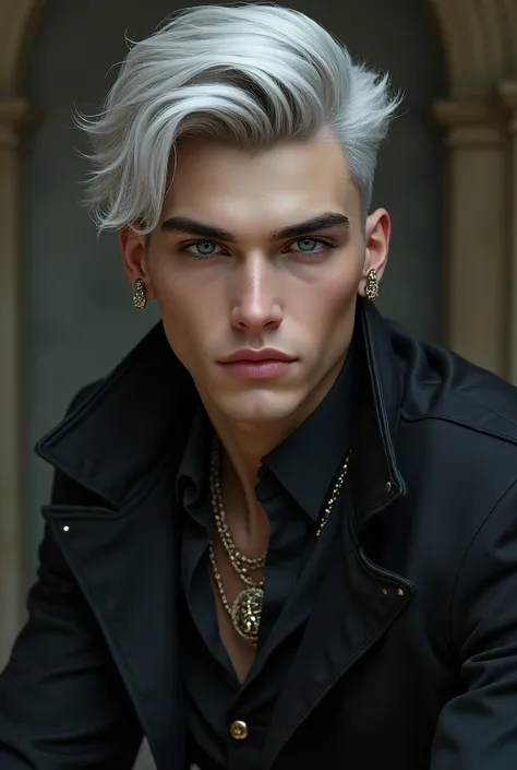  male character,  25 years old , height 1.87cm ,  short hair , deep gaze, thick eyebrows, big and straight nose, thin face,  marked jaw , thick,  pink lips,  marked apples , Realistic character.  sleek and elegant silvery-white hair.  The main colors are s...