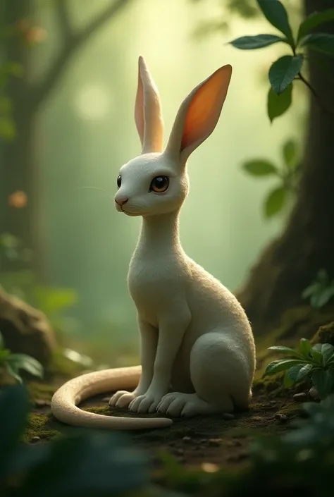 "Create a creature that is a blend of a snake and a rabbit. It should have the long, slender body of a snake, covered in fine, soft fur like a rabbit. The head resembles a rabbit with large, gentle eyes, long rabbit ears, and a small nose, but with slight ...