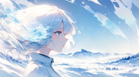 Masterpiece, high resolution, high quality, detailed depiction, beautiful, watercolor painting, double exposure, snow-filled Nordic landscape, crisp lines, profile of a girl, blue and white background, 4K graphics,