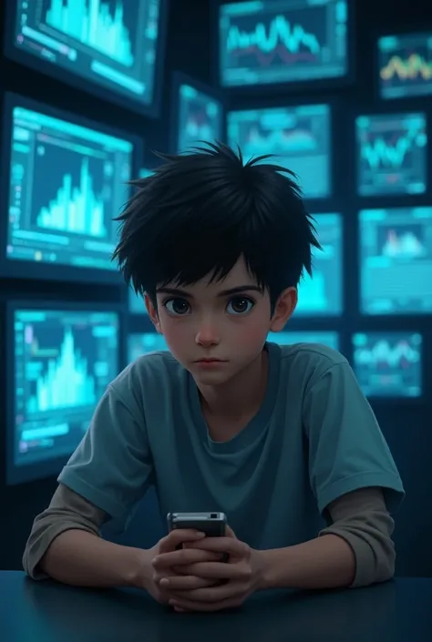 A boy sitting on table and the boy is a teenage boy and his skintone is white. His background is like many screens behind him and in screen analysis something. The boy is sitting in chair with table and looking at me