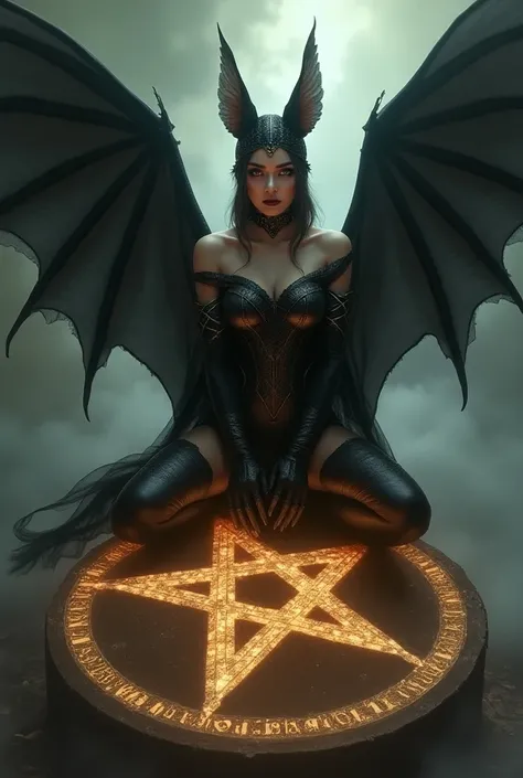 Beautiful bat witch sitting on morning star pentagram 