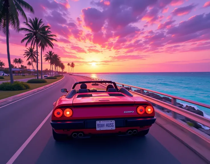 OutRun, synthwave style, 1980s retro aesthetic, Retro Wave, palm trees, coastline on left and right, road in middle, "Overseas Highway", Cyan blue transparent sea, The sky above is Purpleish blue, orange and pink tropical sunset. Red Ferrari Testarossa-sty...