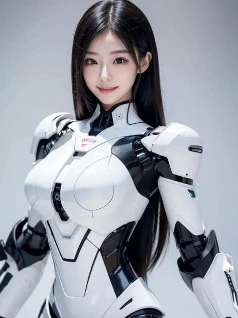 japanese female android, cute face, smile, black long hair, white and black robot suit, white and black mechanical part, white a...