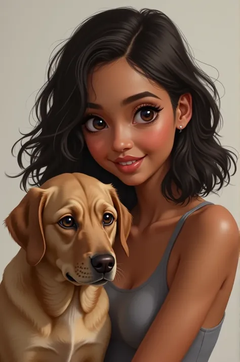 Create an image of me and my pet Labrador. The look Ive got is a brown skin with shoulder length wolfcut with big double lid eyes pointed nose and a oval shaped face with slim body