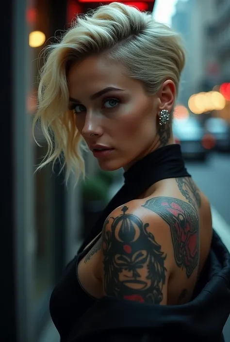 Ultra high quality sexy girl ,blonde hair, luxury modern hairstyle,tattooed,blue eyes,sharp beauty,at street area dark place looking back and down,