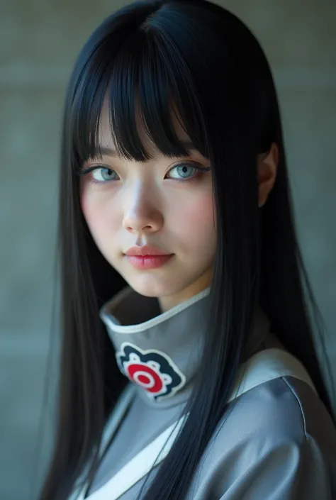 Stuningly Realistic photography with Cristal sense technology. Using Canon Digital Camera.
" A young woman in a 64k Ultra HDR cosplay as the adult Hinata Hyuga from the series *Naruto*.  He has long black hair with straight bangs ,  sharp light blue eyes ,...