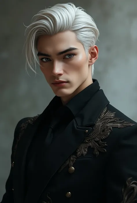  male character,  25 years old , height 1.87cm ,  short hair , deep gaze, thick eyebrows, big and straight nose, thin face,  marked jaw , thick,  pink lips,  marked apples , Realistic character.  sleek and elegant silvery-white hair.  The main colors are s...