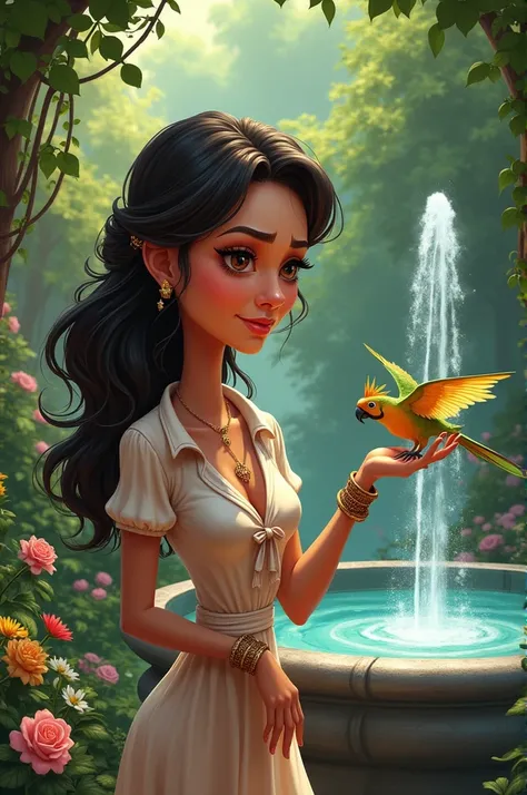 Caricature in a lush garden by a sparkling fountain, Zoya sits looking sad. Her parrot, Chirpy, flies down to her, chirping, "Bracelet! Bracelet!" as Zoya looks at him in surprise