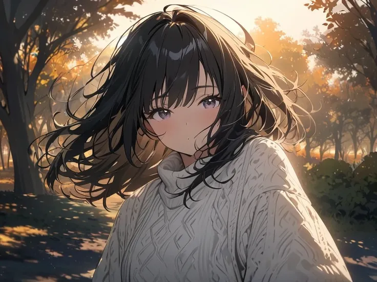 masterpiece, best quality, extremely detailed,a girl with black shaggy bob hair, standing near the tree in a park, with the soft light of the setting sun illuminating her face. Soft Wind Blowing.full body,white knit sweater,autumn.